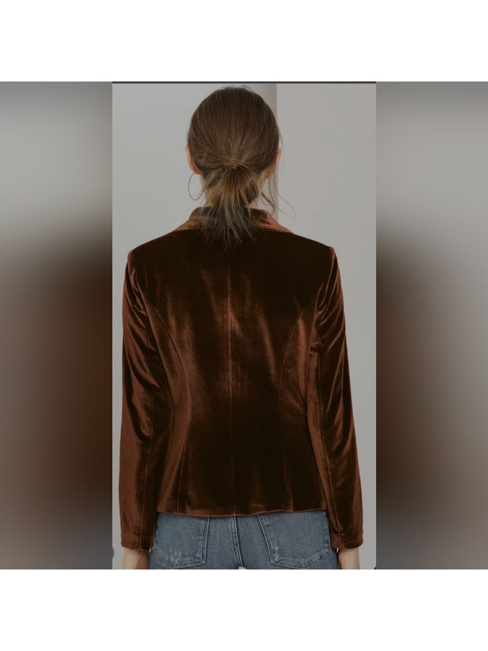 Allegra K | Solid Shawl Collar Single Button Brown Velvet Blazer | Size S - Picture 5 of 8